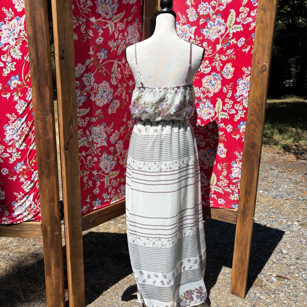 Cream Floral Boho Cottage Prairie Maxi Sun Dress Women's Size M - Picture 2 of 15